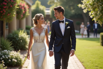 Jeune couple marié dans un jardin ensoleille avec sourire