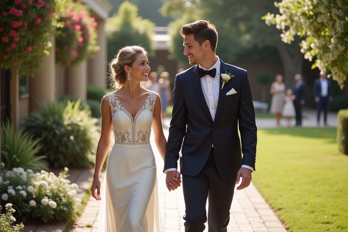 Jeune couple marié dans un jardin ensoleille avec sourire