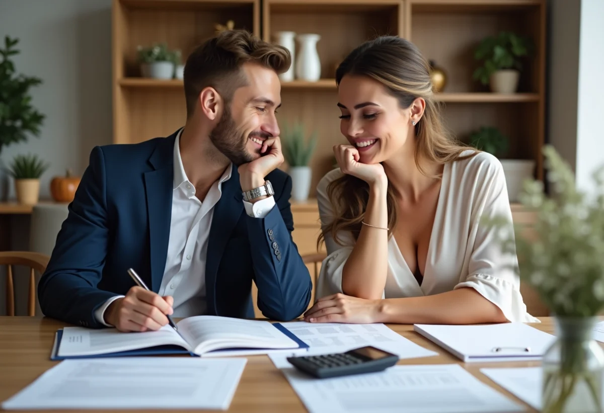 Jeune couple en tenue de mariage planifiant leur mariage