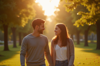 Jeune couple se tenant la main dans un parc ensoleille