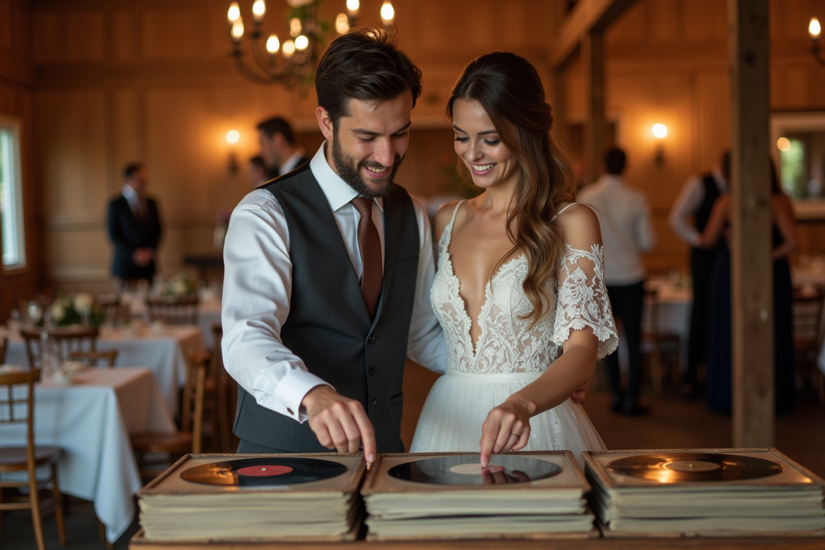 Jeune couple en tenue de mariage choisissant des disques vinyles
