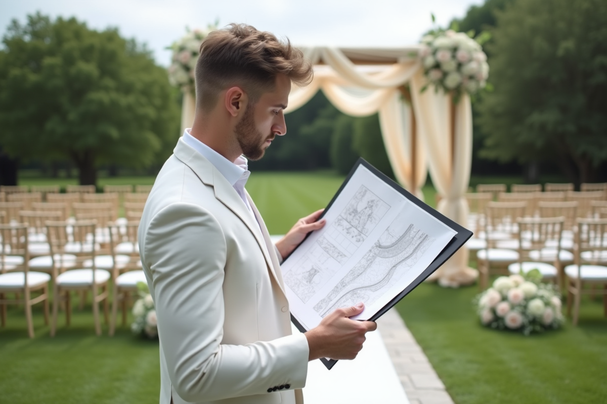 Jeune designer de mariage vérifiant un plan sur tablette en extérieur