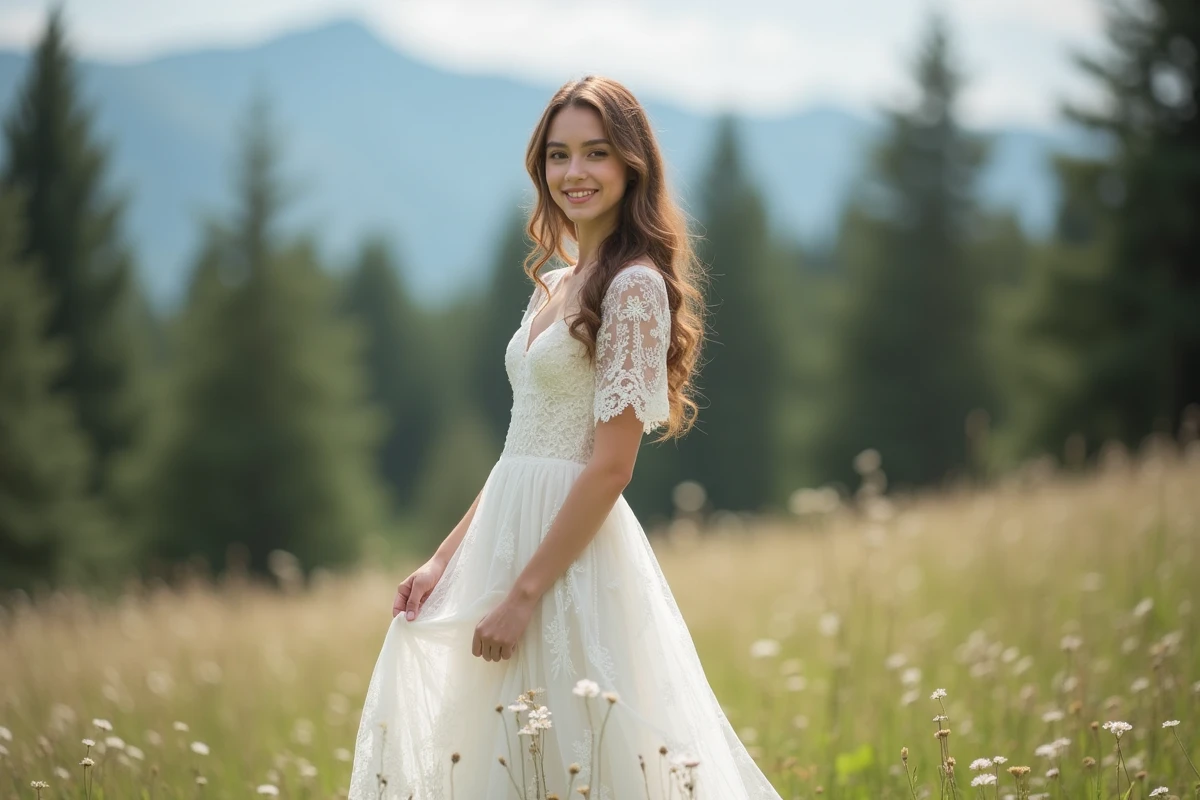 Jeune femme en robe de mariage bohème dans une prairie