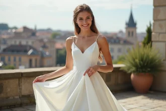 Jeune femme en robe de mariage moderne à Lyon