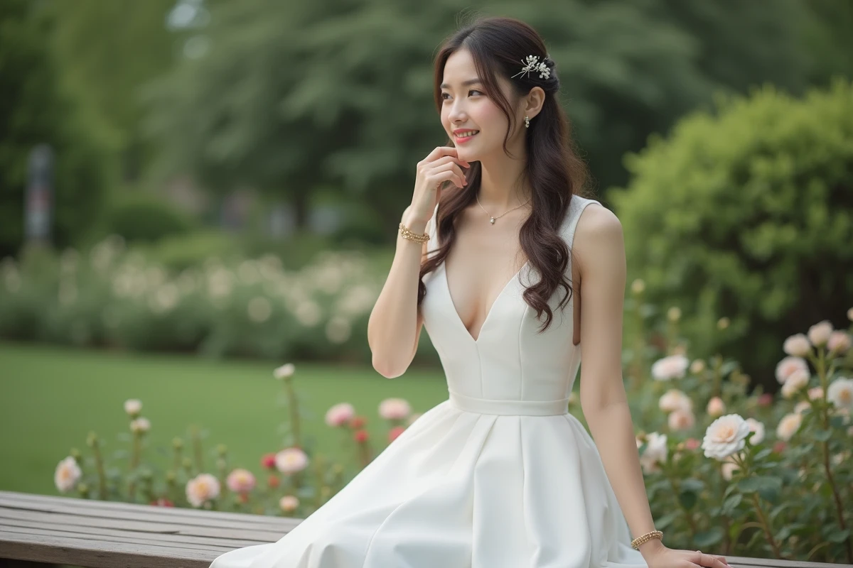 Jeune femme en robe blanche ajustant une peigne à perles dans un jardin