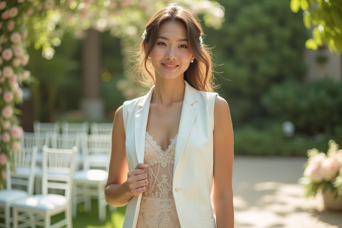 Jeune femme en robe pastel ajustant sa veste de mariée dans un jardin