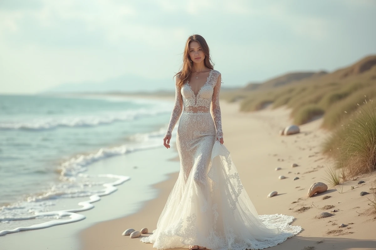 Jeune femme en robe de mariée sur la plage calme