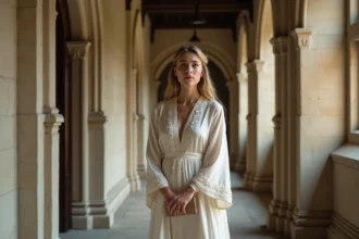 Jeune femme en robe ivoire dans une église élégante