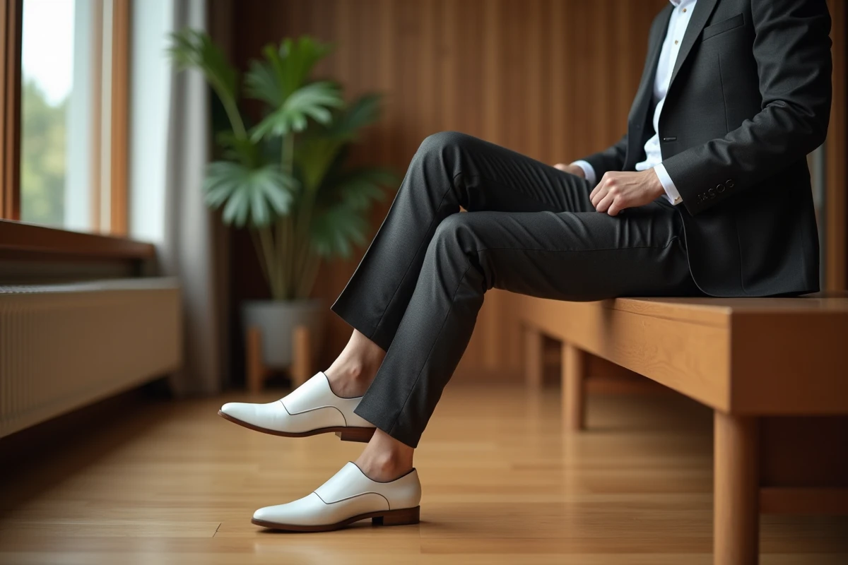 Jeune marié en smoking gris et chaussures blanches assis