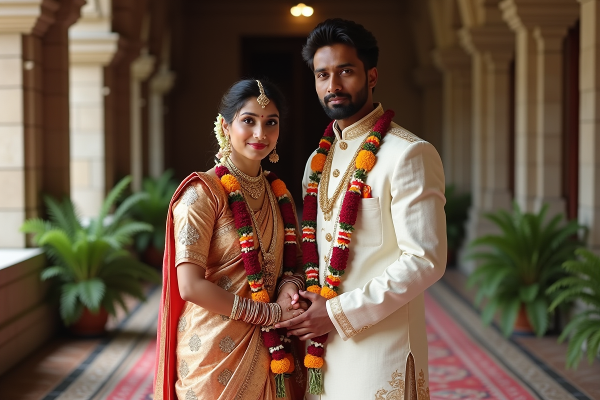 Jeune couple hindou en tenue traditionnelle lors d'un mariage