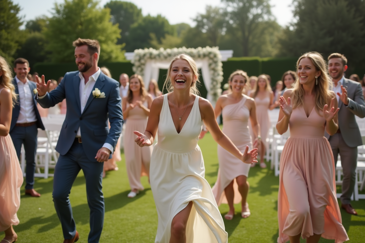 Groupe d'amis en danse lors d'un mariage en extérieur