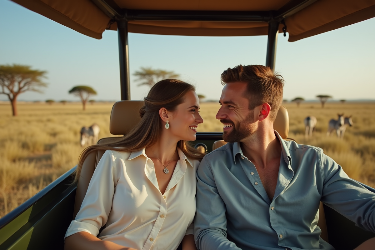 Jeunes mariés en safari dans un véhicule en Afrique