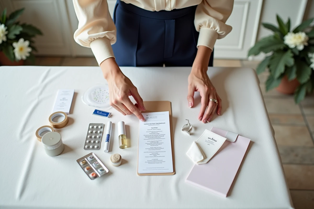Wedding planner arrangeant un kit de survie mariage en flat lay avec accessoires essentiels sur nappe blanche