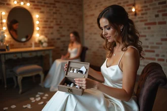 Mariée préparant son kit de survie dans une loge décorée avec accessoires essentiels dans une pochette blanche