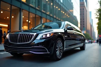 Limousine noire de luxe stationnée devant un immeuble de bureaux moderne, idéale pour une location longue durée en milieu professionnel