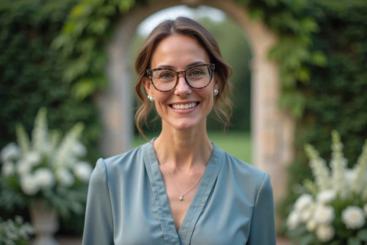 Femme élégante portant des lunettes cœur transparentes lors d'une cérémonie de mariage en jardin fleuri