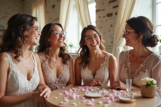 Groupe de femmes d'âges variés portant des lunettes cœur dorées lors d'une préparation de mariage dans un cadre rustique