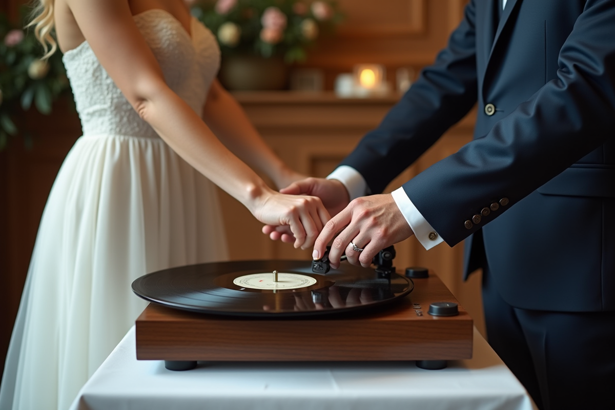 Mains du couple manipulant un tourne-disque vintage