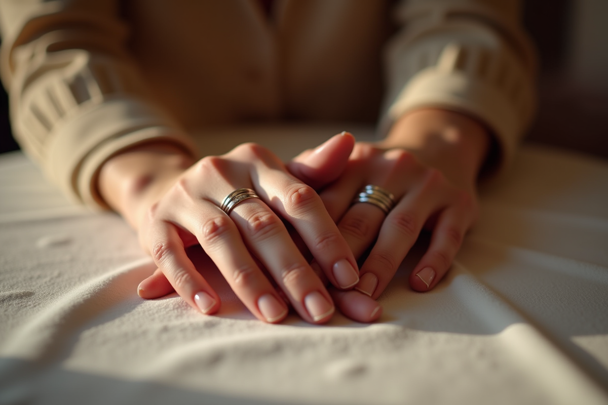 Mains entrelacees avec bagues de mariage sur une table