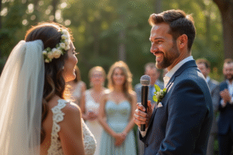 Maître de mariage souriant lors d'une cérémonie en extérieur