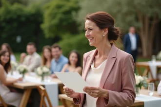 Maman émue prononçant son discours de mariage lors d'une réception en plein air dans un jardin fleuri