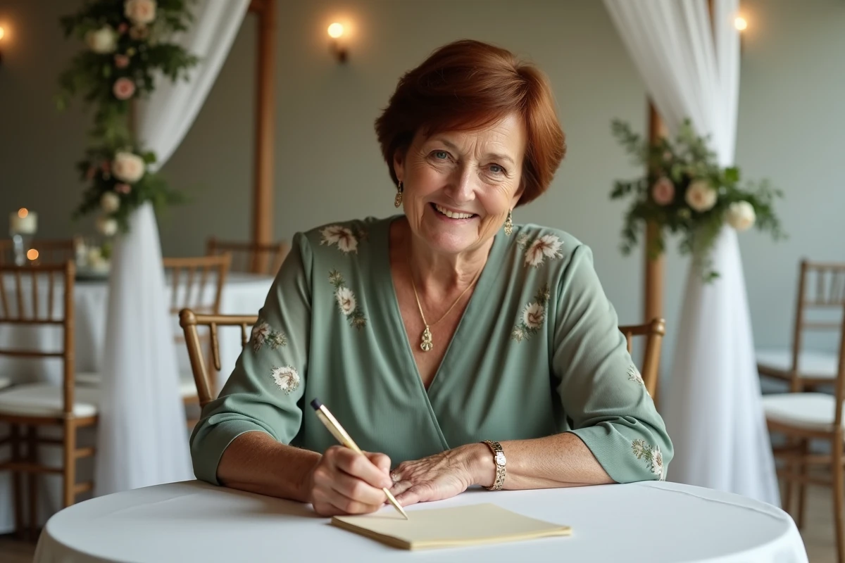 Maman préparant son discours de mariage pour son fils dans une salle décorée avant la cérémonie
