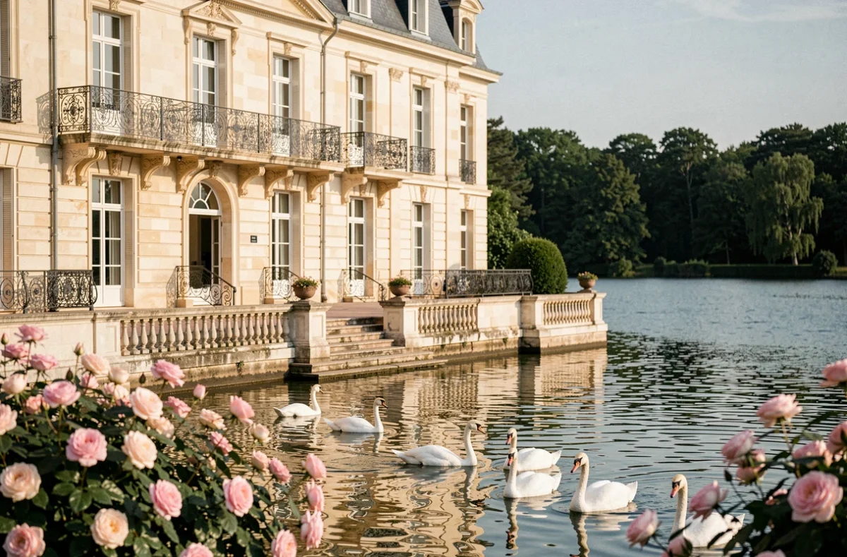 Le Manoir des Cygnes avec sa façade en pierre et des cygnes sur le lac en premier plan