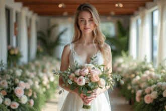 Jeune mariée en robe blanche avec bouquet de peonies
