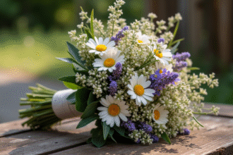 Bouquet de mariage rustique sur table en bois vintage