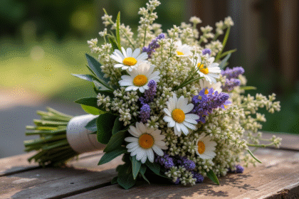 Bouquet de mariage rustique sur table en bois vintage