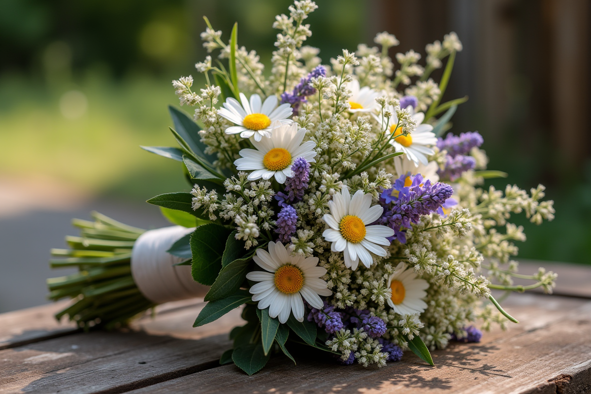 Bouquet de mariage rustique sur table en bois vintage