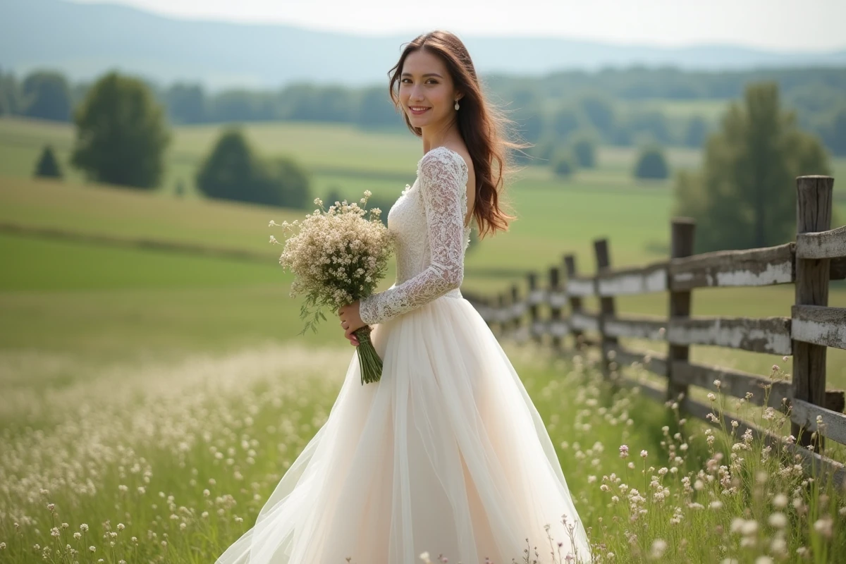 Jeune femme en robe de mariée bohème dans un champ en fleurs