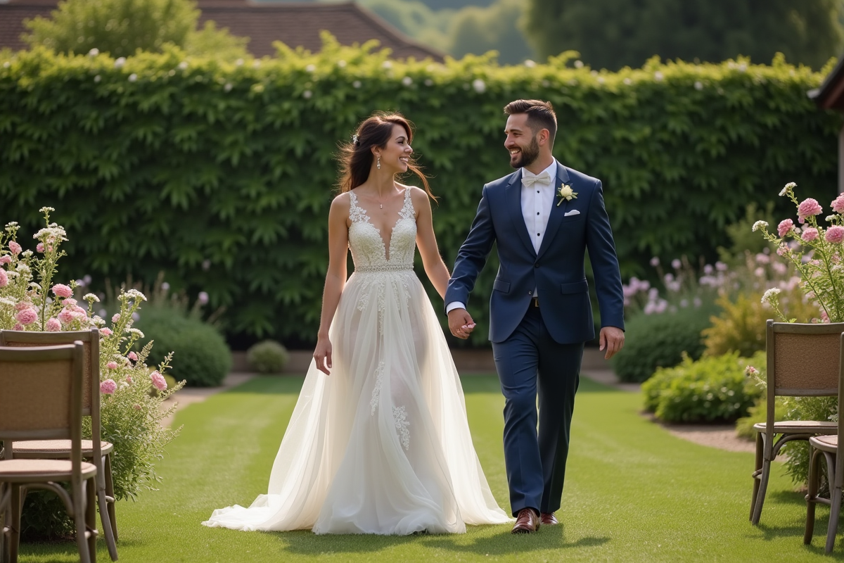 Jeune couple de mariés dans un jardin lors de leur mariage