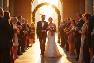 Couple de mariés joyeux marchant dans la mairie ensoleillée