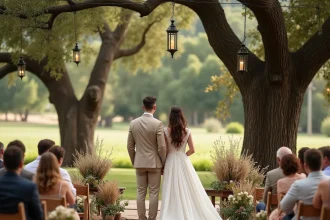 Mariage écoresponsable en plein air dans un domaine viticole décoré de fleurs sauvages et de lanternes en verre réutilisables