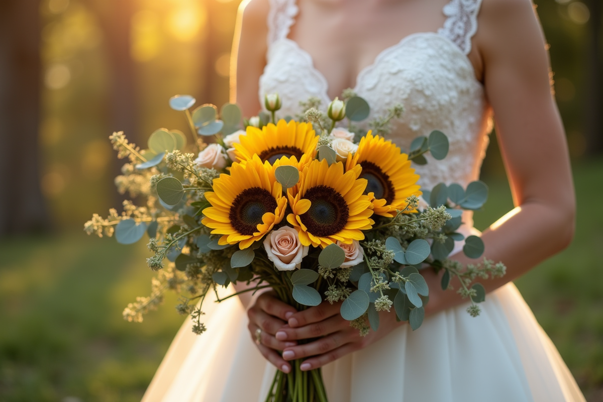 Mariée tenant un bouquet rustique avec tournesols et eucalyptus