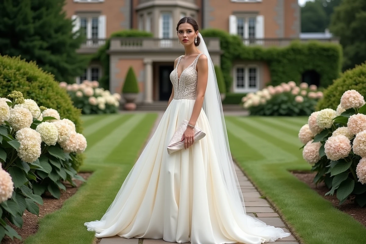 Femme en robe de mariage dans un jardin avec fleurs et manoir