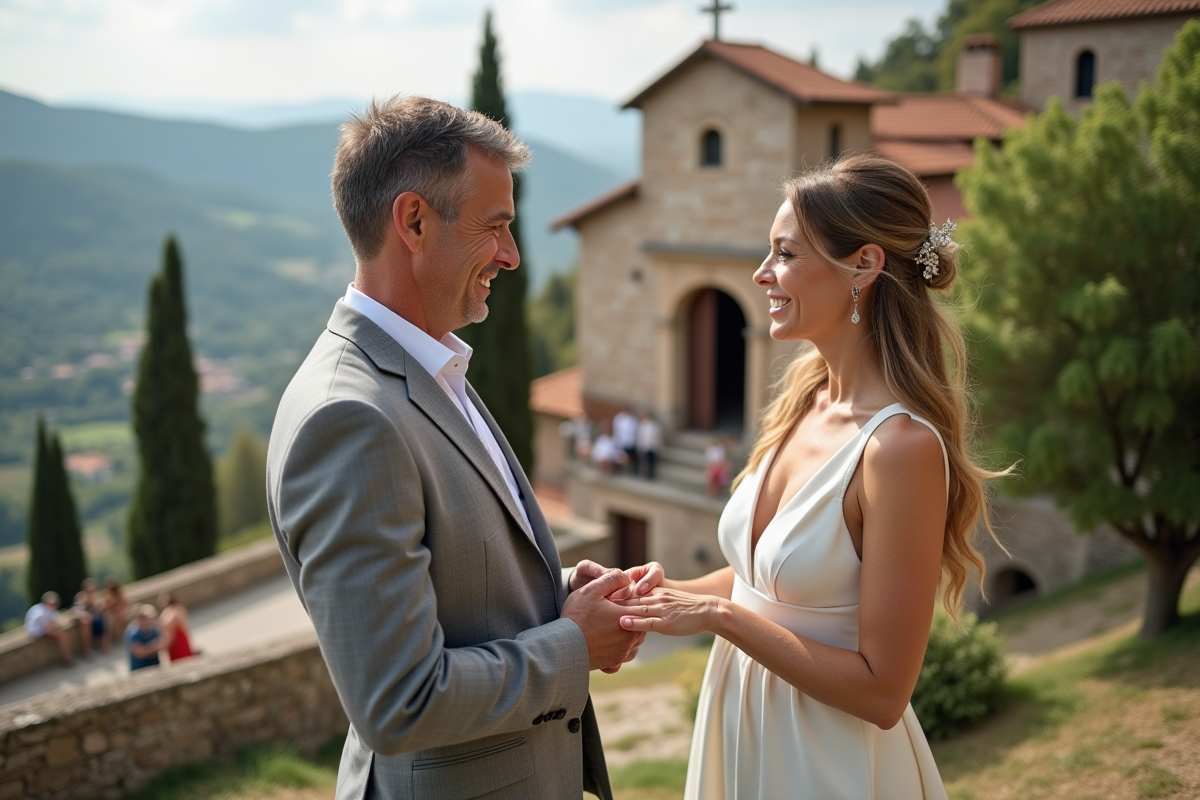 Couple gay échangeant alliances devant une chapelle en pleine nature