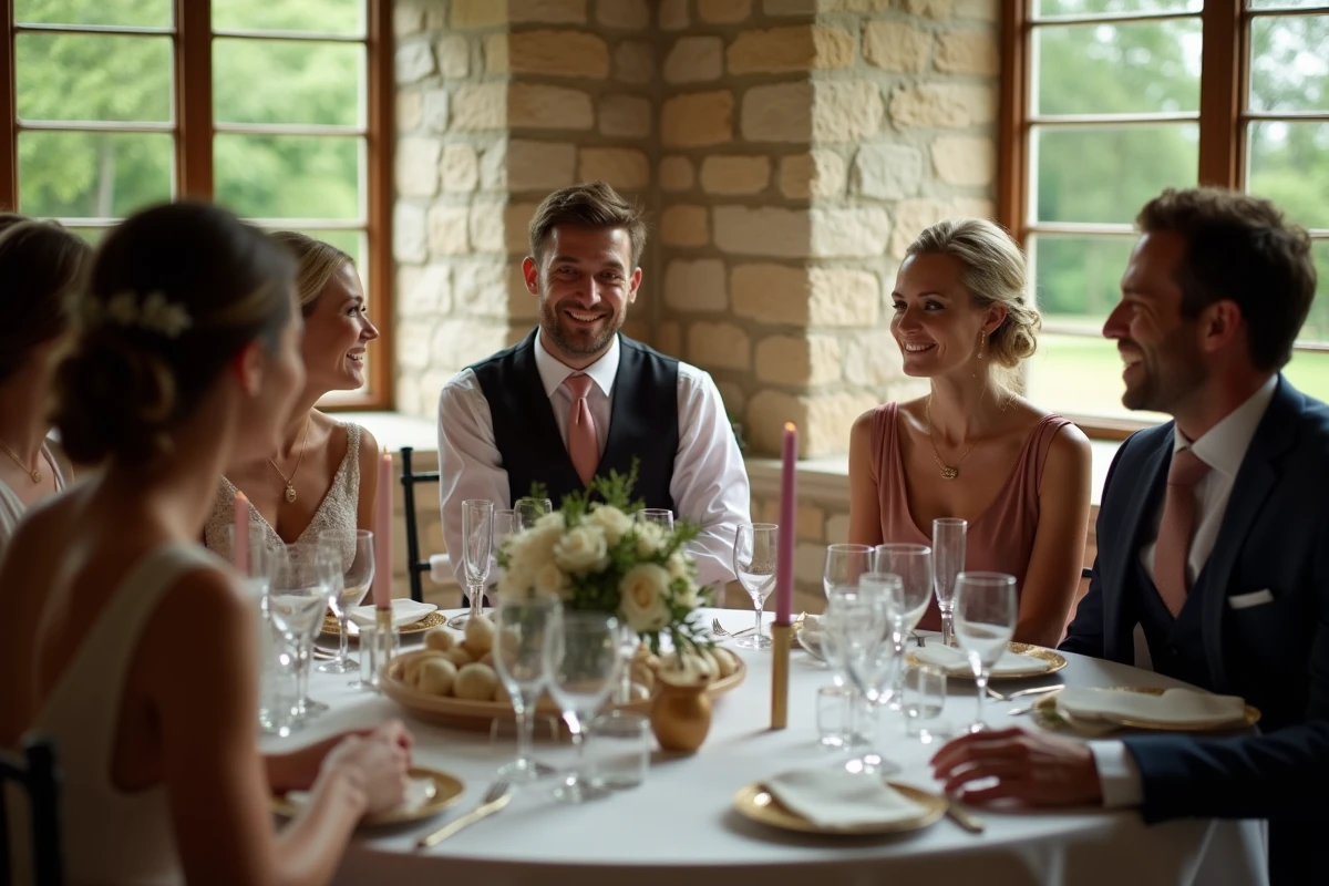 Groupe d'invites souriants lors d'une reception de mariage en campagne