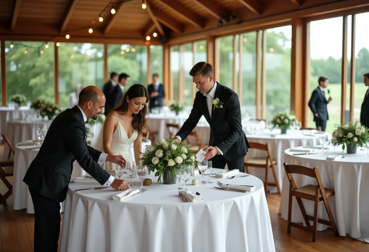 Groupe d'invités élégants préparant une table de mariage