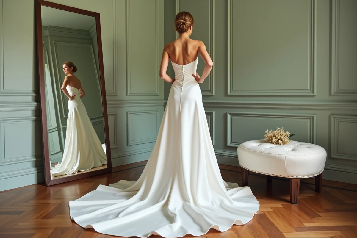 Mariée admirant sa robe de mariée sur mesure en satin devant un miroir dans une cabine d'essayage élégante