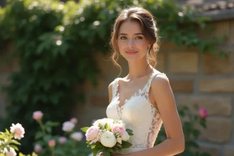 Mariée en robe courte dentelle blanche dans un jardin fleuri avec bouquet de pivoines, style romantique