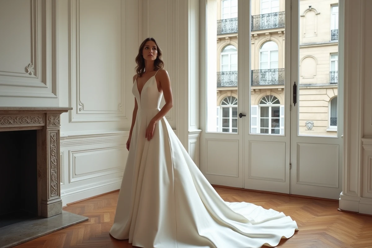 Mariée en longue robe de mariée en satin ivoire dans un appartement haussmannien parisien avec parquet et cheminée en marbre