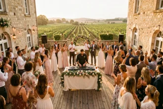 DJ animant un mariage en plein air en Nouvelle-Aquitaine avec des invités dansant sous des guirlandes lumineuses