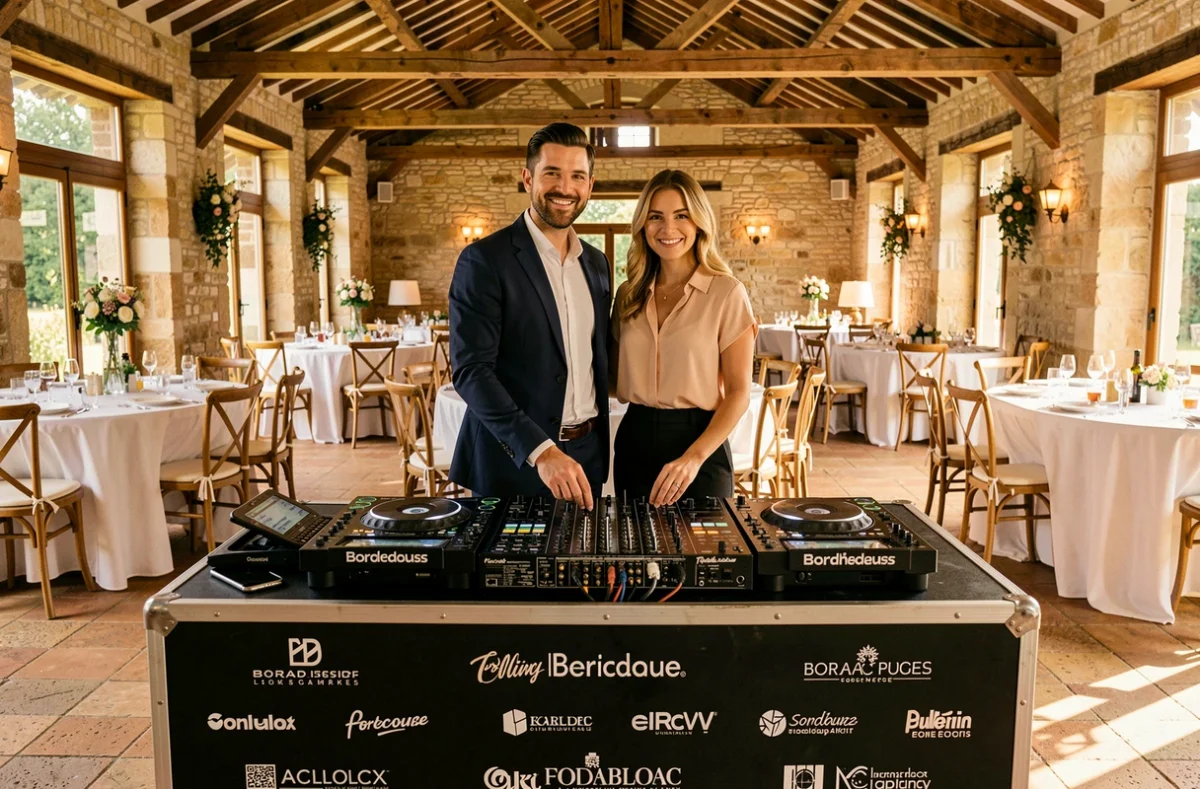 Duo de DJs Mix and Match Nouvelle-Aquitaine derrière leur console lors d'un mariage dans les Landes
