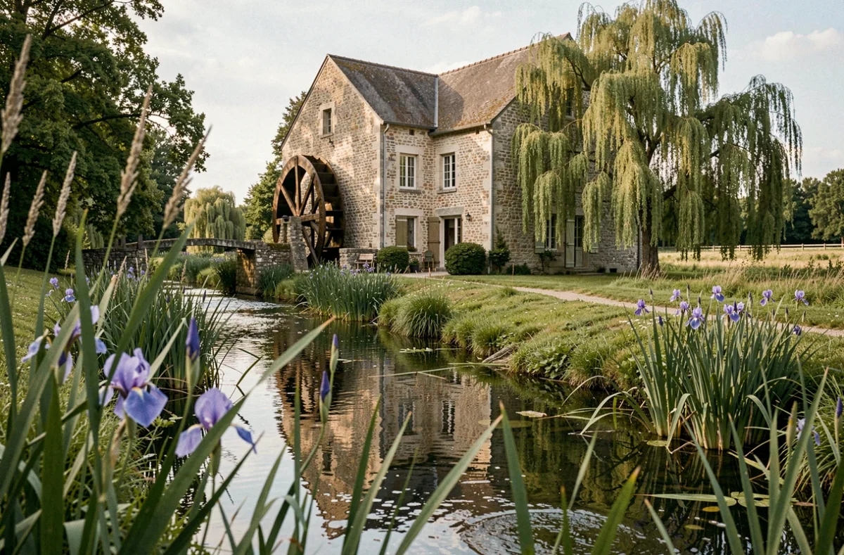 Le Moulin de Fourcon avec sa roue à eau en bois et son cadre de campagne au bord du ruisseau