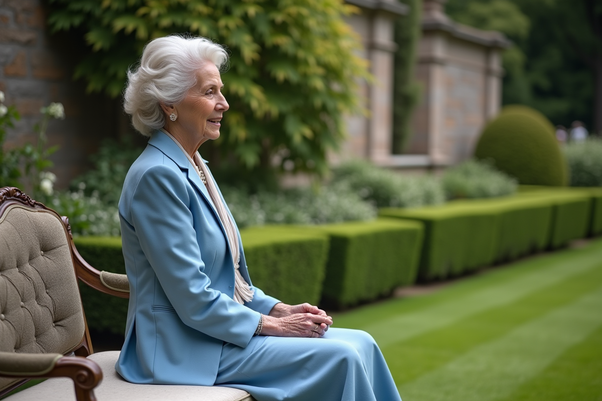 Mère de la mariée en tailleur bleu dans un jardin