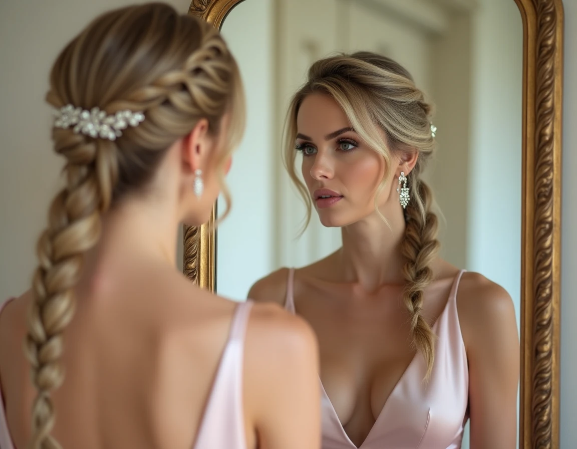Femme blonde en robe bustier rose avec une tresse en épi sur cheveux mi-longs et peigne en cristal, reflétée dans un miroir de loge de mariage