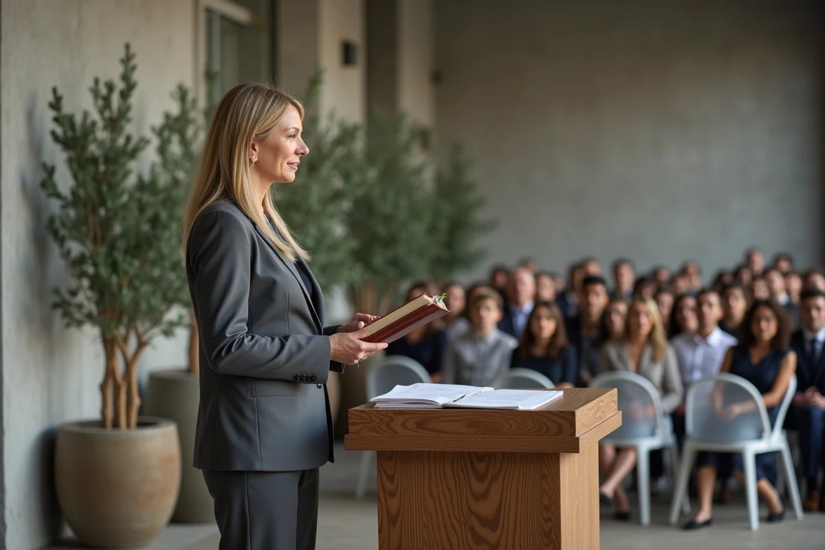 Officiant laïque féminine dirigeant une cérémonie de mariage dans une salle contemporaine au décor minimaliste