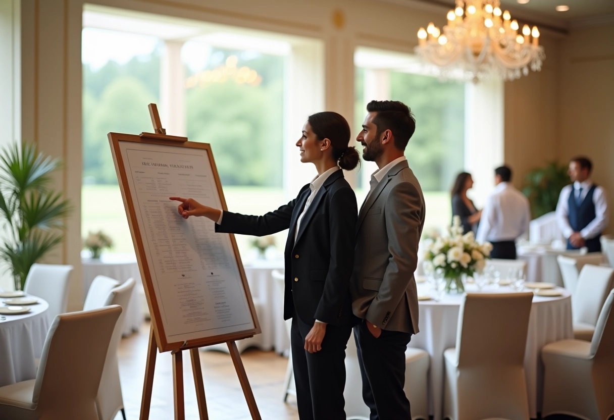 Organisatrice de mariage expliquant le plan aux jeunes mariés